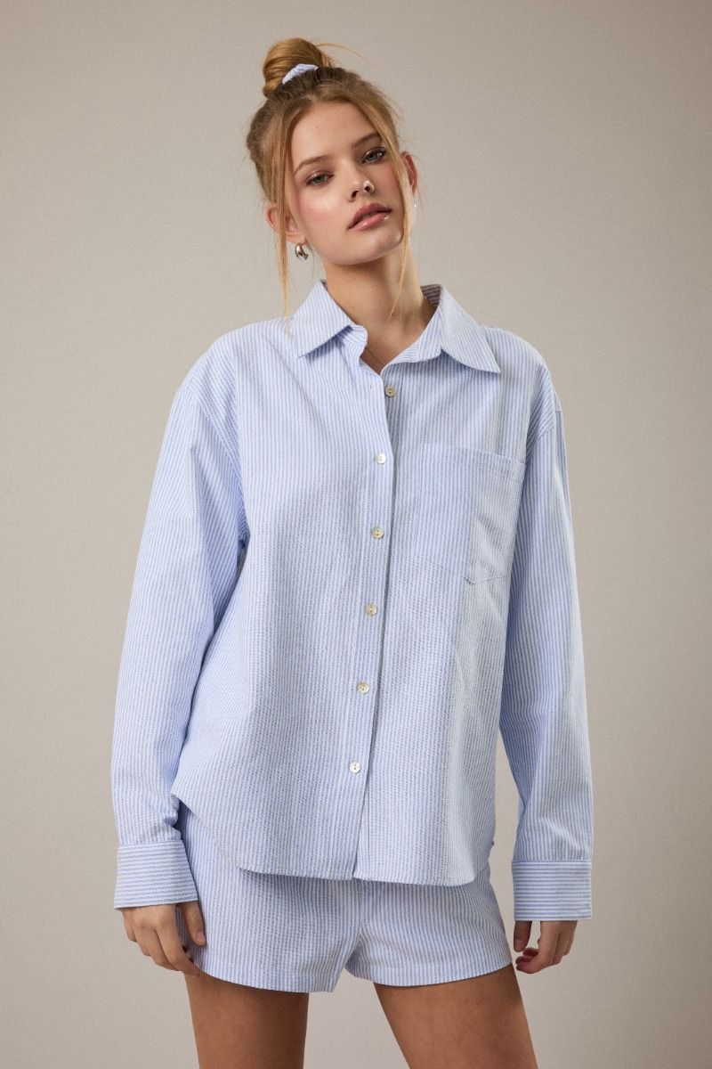 Key To Love Button Down Top - Light Blue /  White Stripe