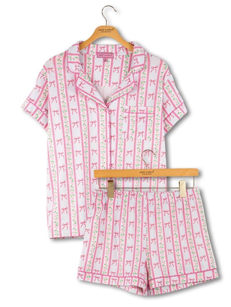 Button PJ Set - Bow Stripe