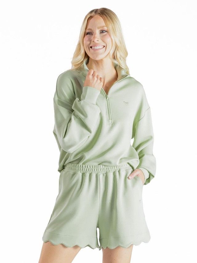 Scalloped 1/4 Zip Pullover Top - Sage