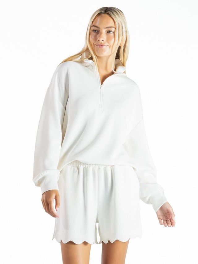 Scalloped 1/4 Zip Pullover Top - Pearl