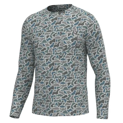 Long Sleeve Heather Blend Crew Performance Shirt - Fish Camo