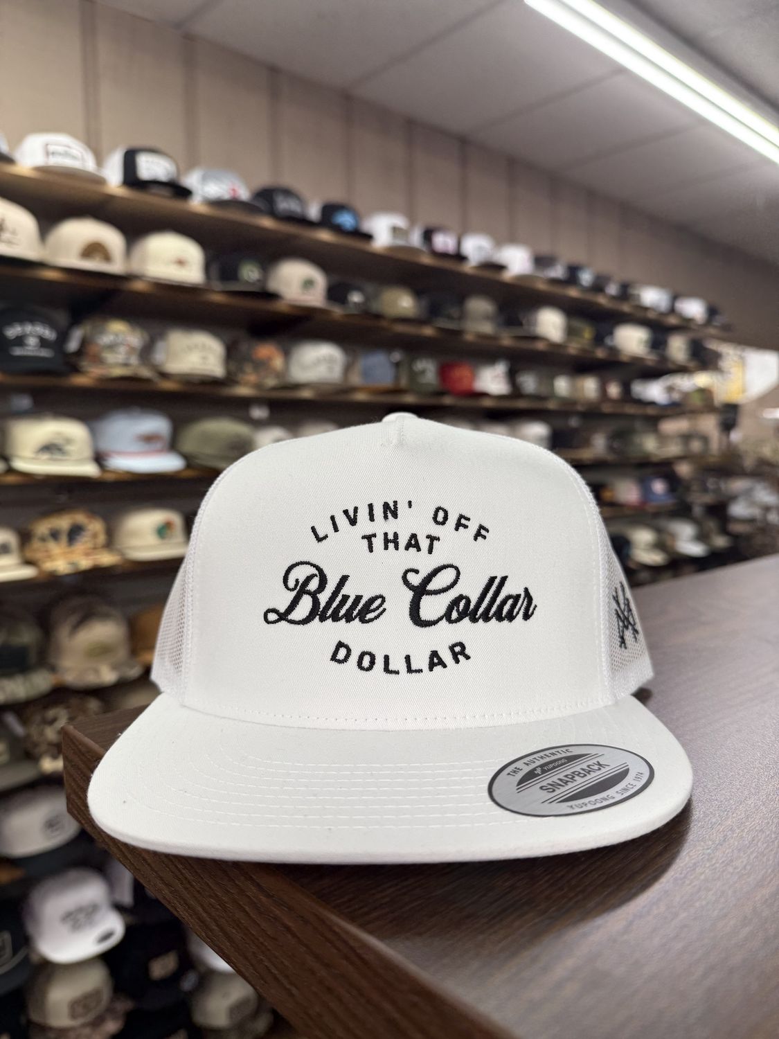 Blue Collar Dollar Trucker Hat - White
