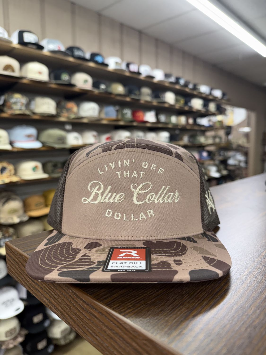 Blue Collar Dollar 7 Panel Hat - Brown Duck Camo