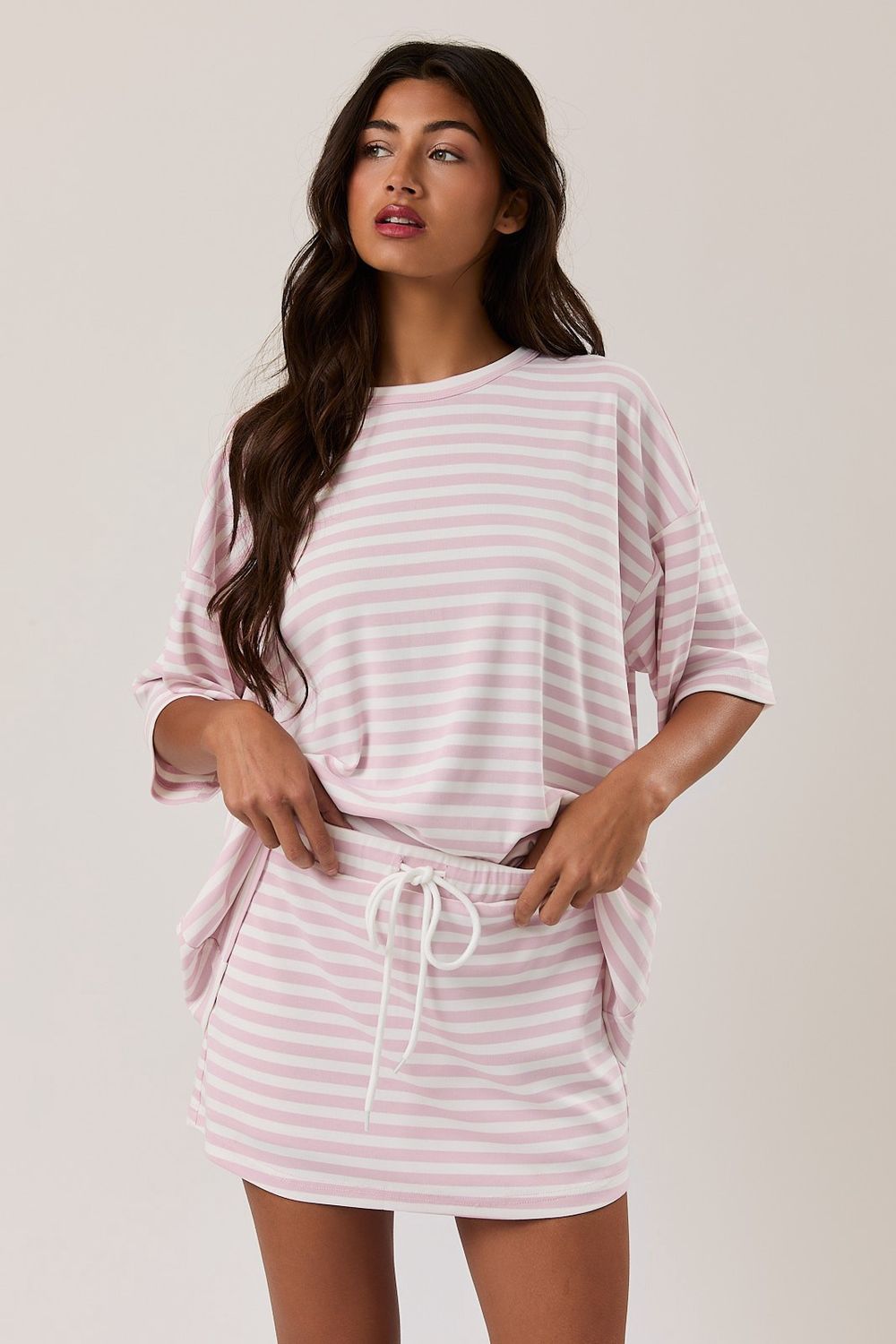 Luna Short Sleeve Oversized Stripe T-Shirt - Light Pink / White Stripe