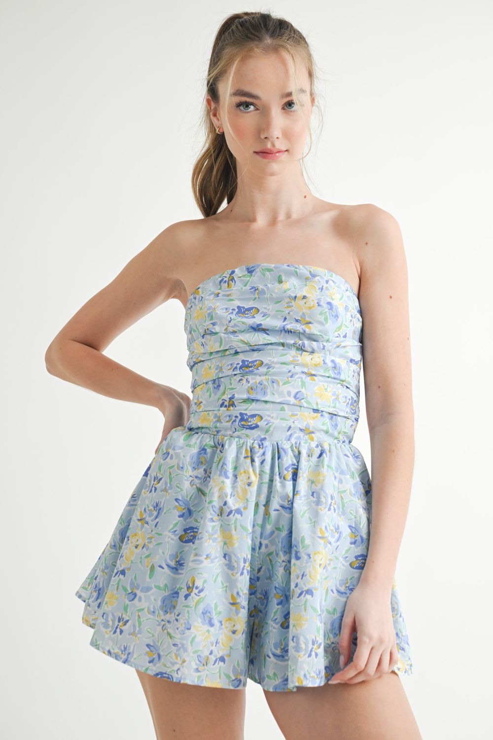 The Spark Floral Strapless Romper - Blue