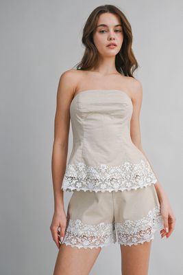 Foolish Love Lace Trim Strapless Short Set - Light Taupe
