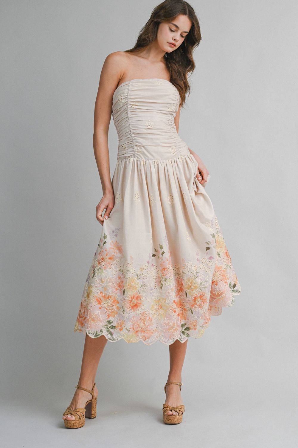 Here We Are Floral Strapless Midi Dress - Light Taupe