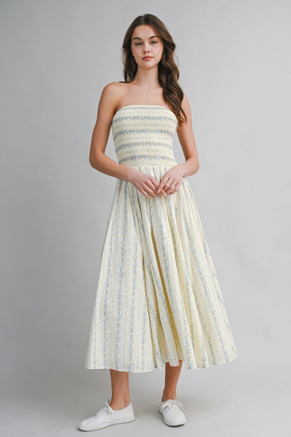 Delightful Strapless Floral Midi Dress - Blue