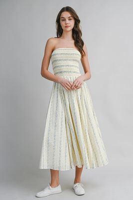 Delightful Strapless Floral Midi Dress - Blue