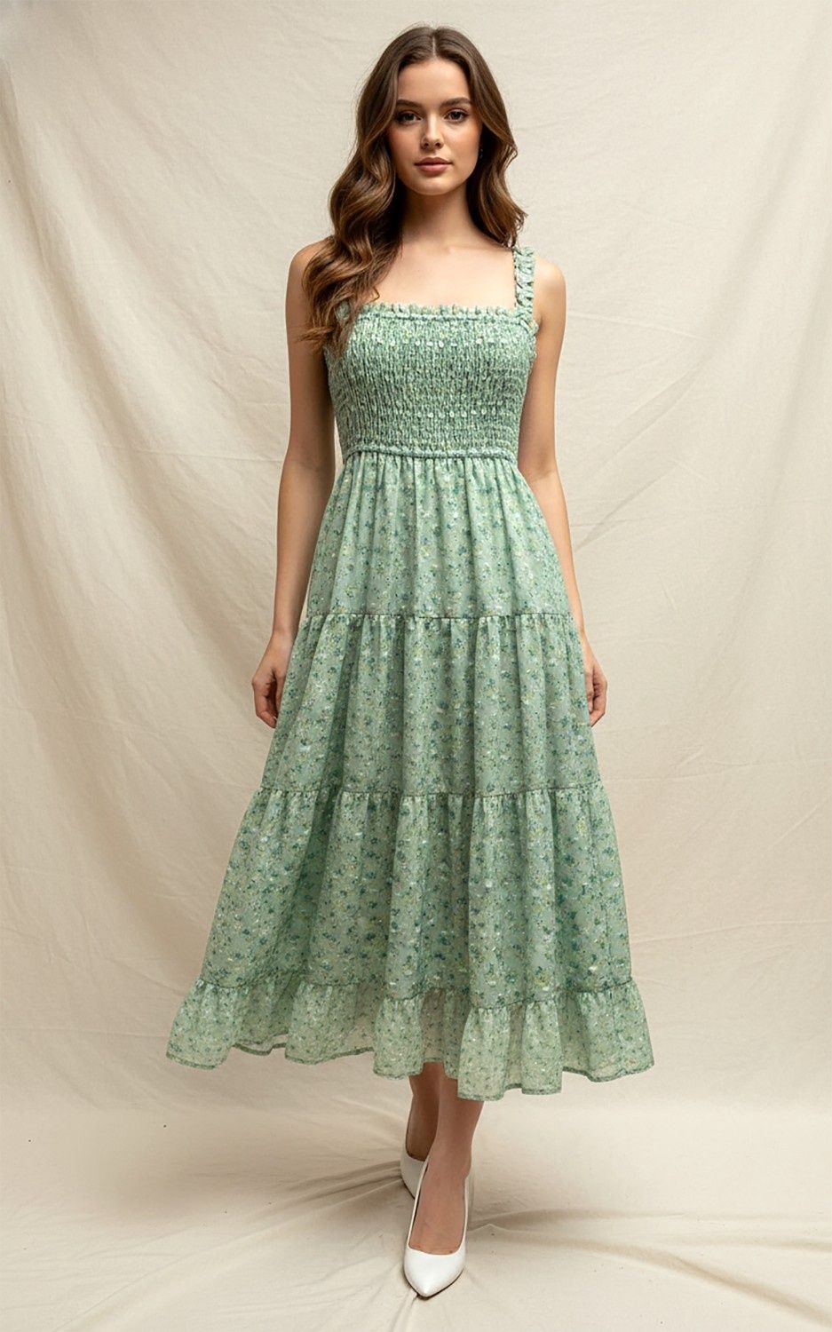 Fields of Poppies Printed Midi Dress - Mint/Yellow