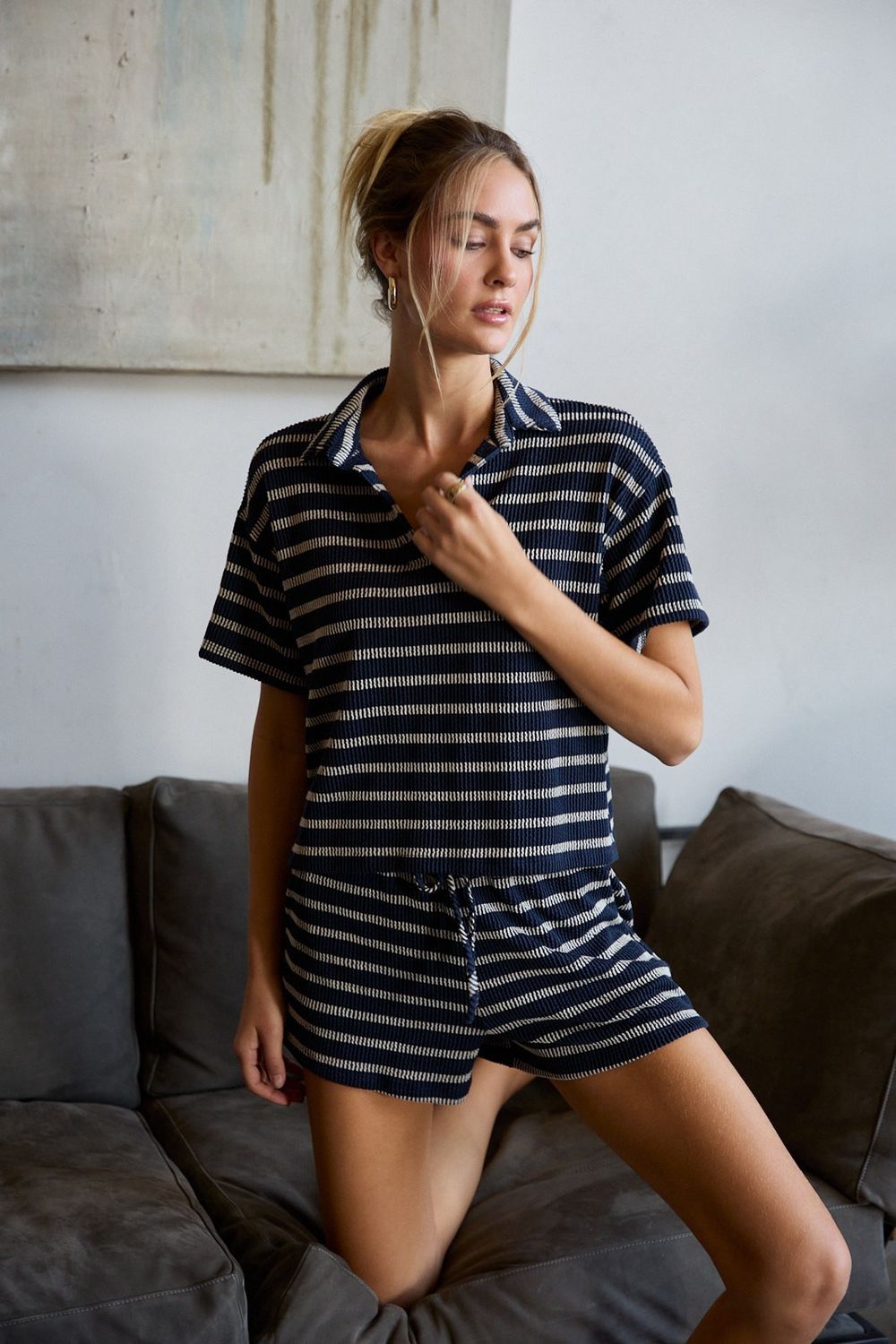 Ask For Help Short Sleeve Top - Midnight/ Oat Stripe