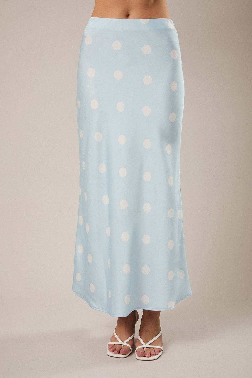 Polka Dot Satin Midi Skirt - Light Blue/ White Dot