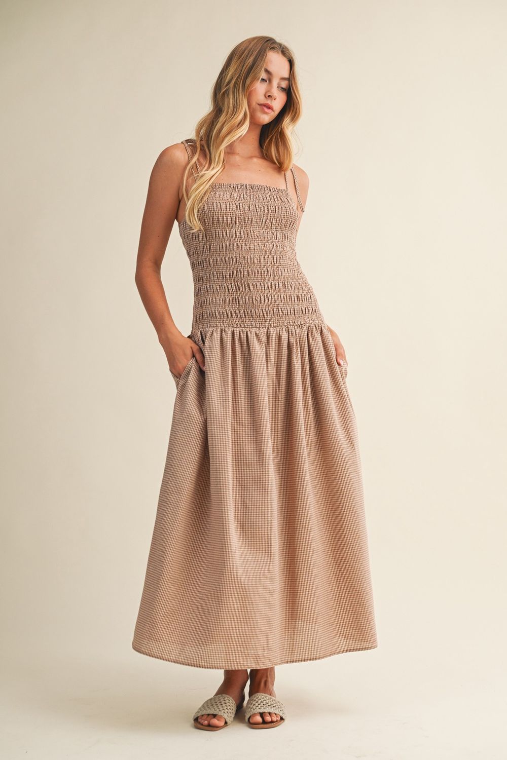 Only You Smocked Drop Waist Midi Dress - Light Choco