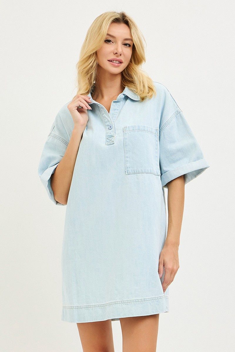 Classy Look Denim Short Sleeve Dress - Light