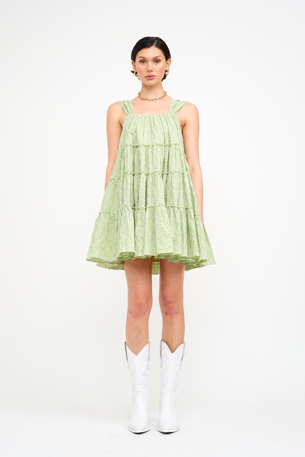 Lily Eyelet Sleeveless Mini Dress - Green