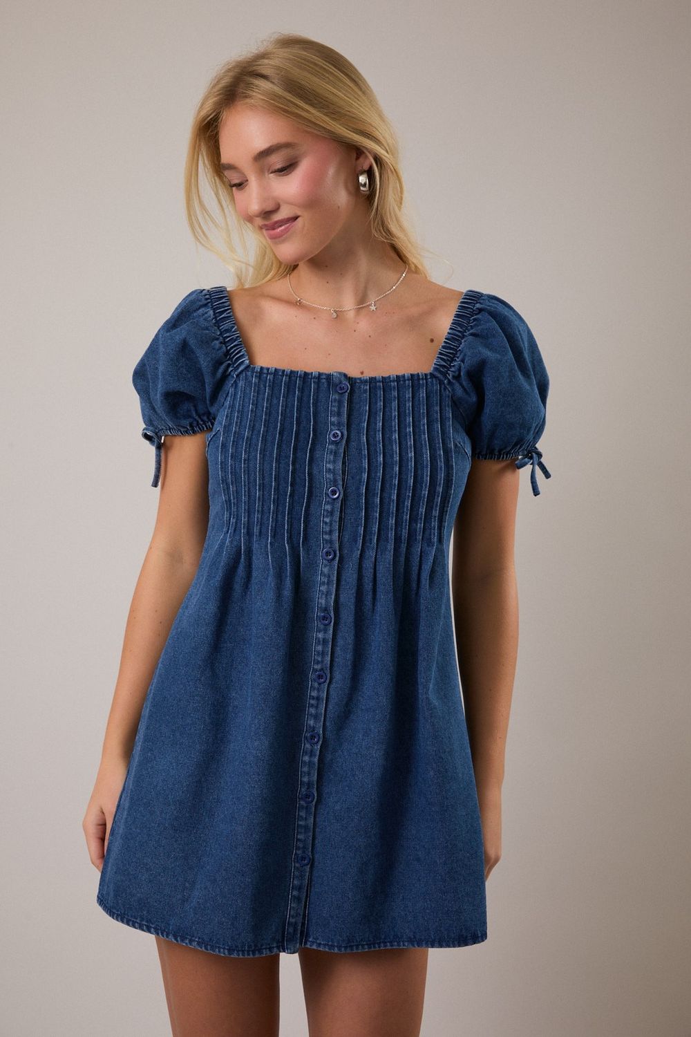 Fall For Love Short Sleeve Mini Dress - Washed Denim