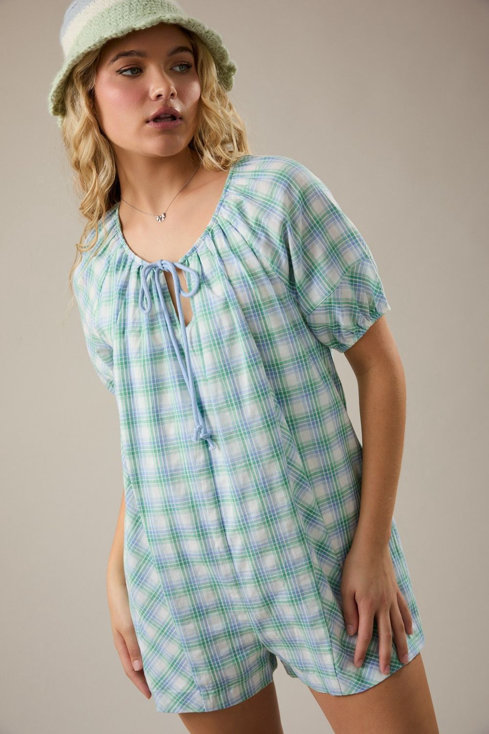 Straight To You Plaid Romper - Green/ Light Blue