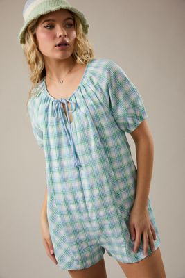 Straight To You Plaid Romper - Green/ Light Blue