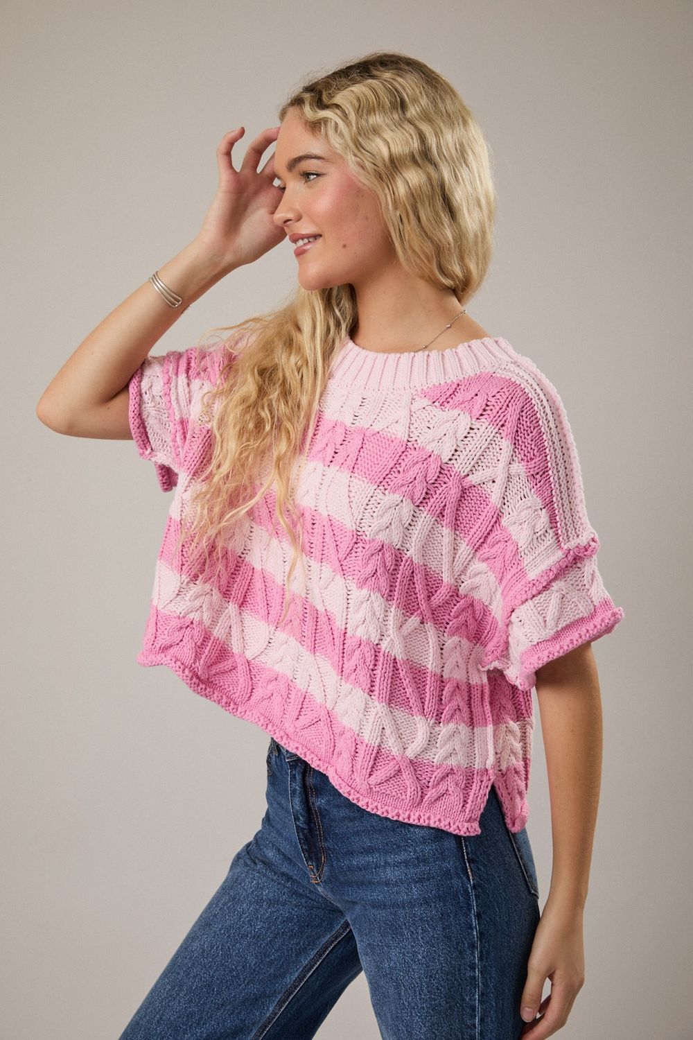 Keep It Striped Short Sleeve Sweater - Light Pink/ Pink Stripe