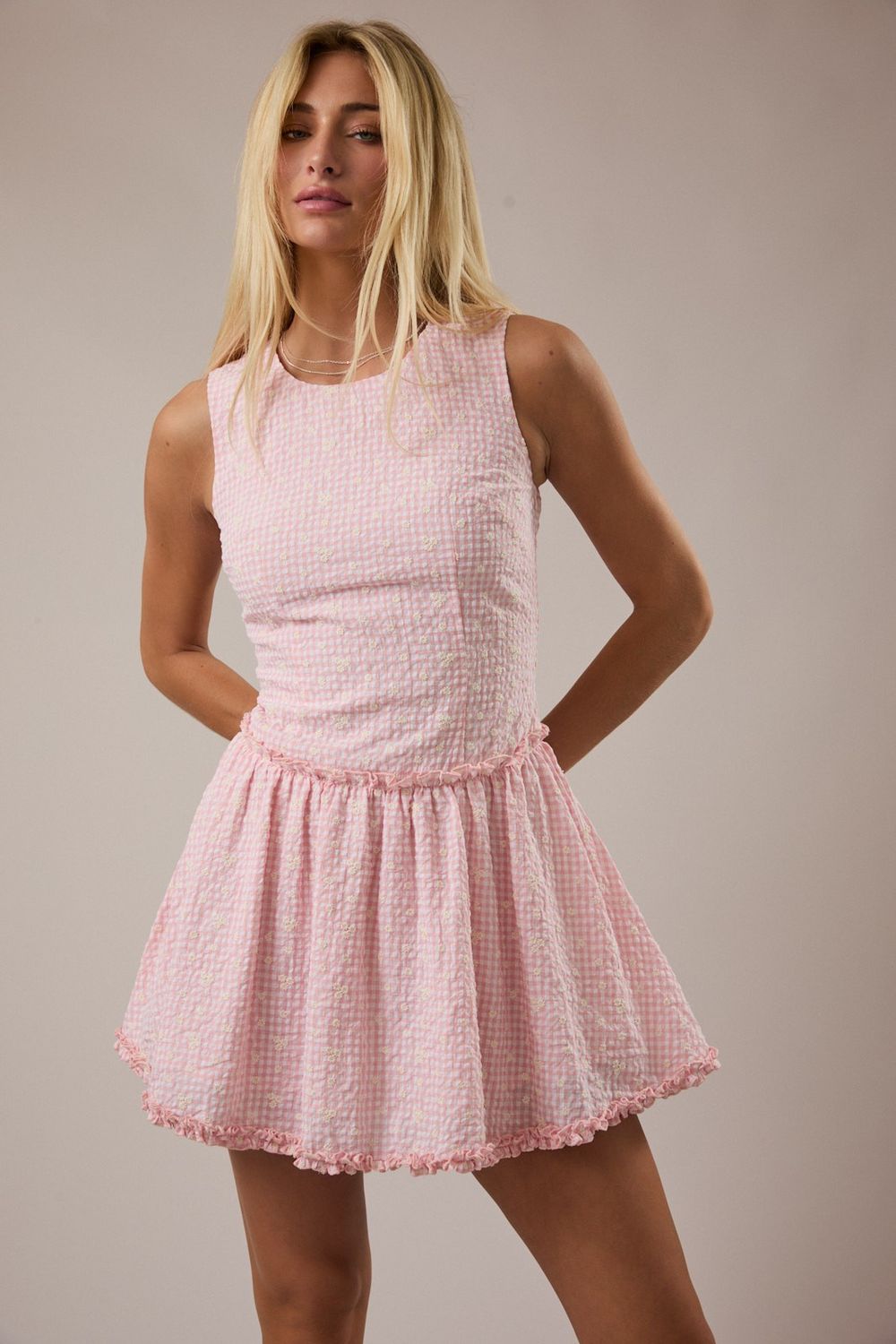 A Day With You Drop Waist Mini Dress - Pink/ White Gingham