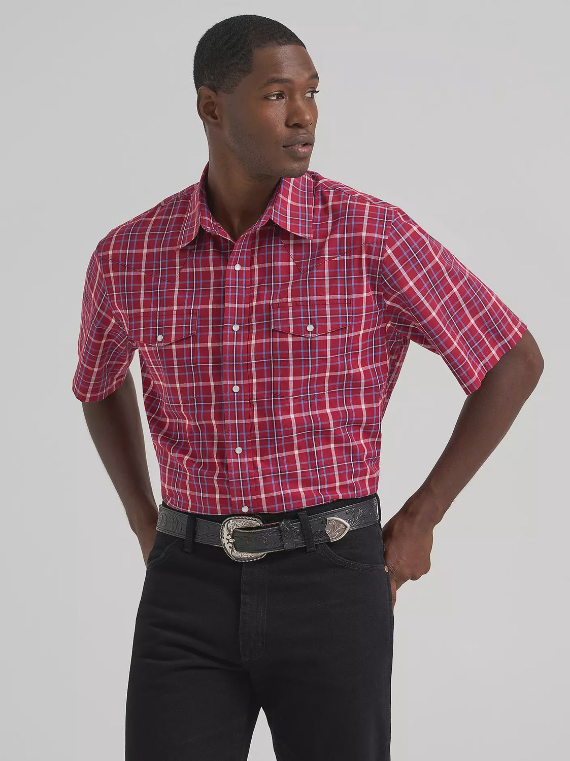 Men's Wrinkle Resist Short Sleeve Western Snap Plaid - Deep Cherry