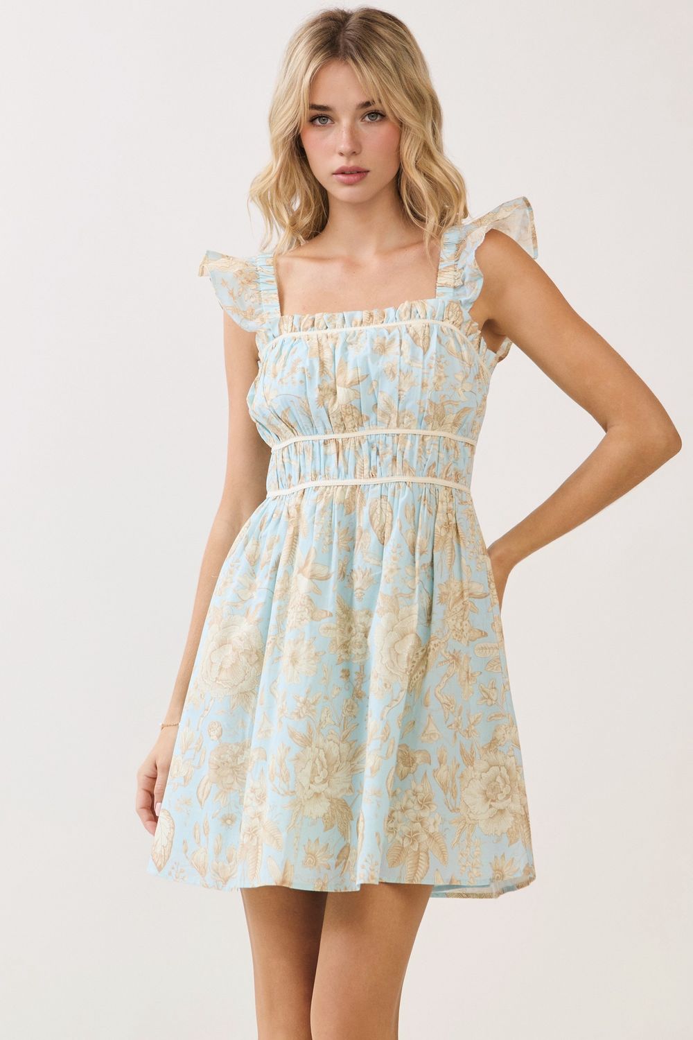 Empire Waist Floral Ruffle Sleeve Mini Dress - Blue