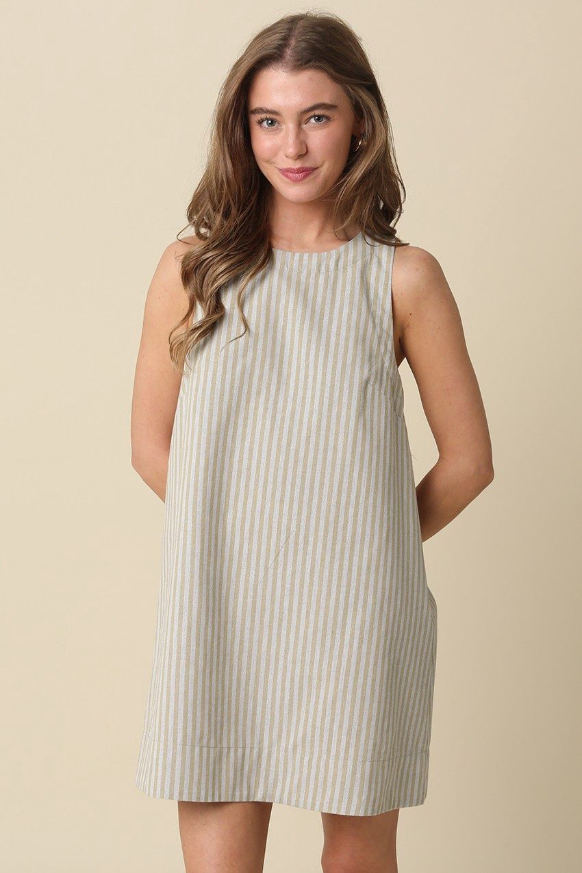 Back To Back Striped Sleeveless Mini Dress - Olive Stripe