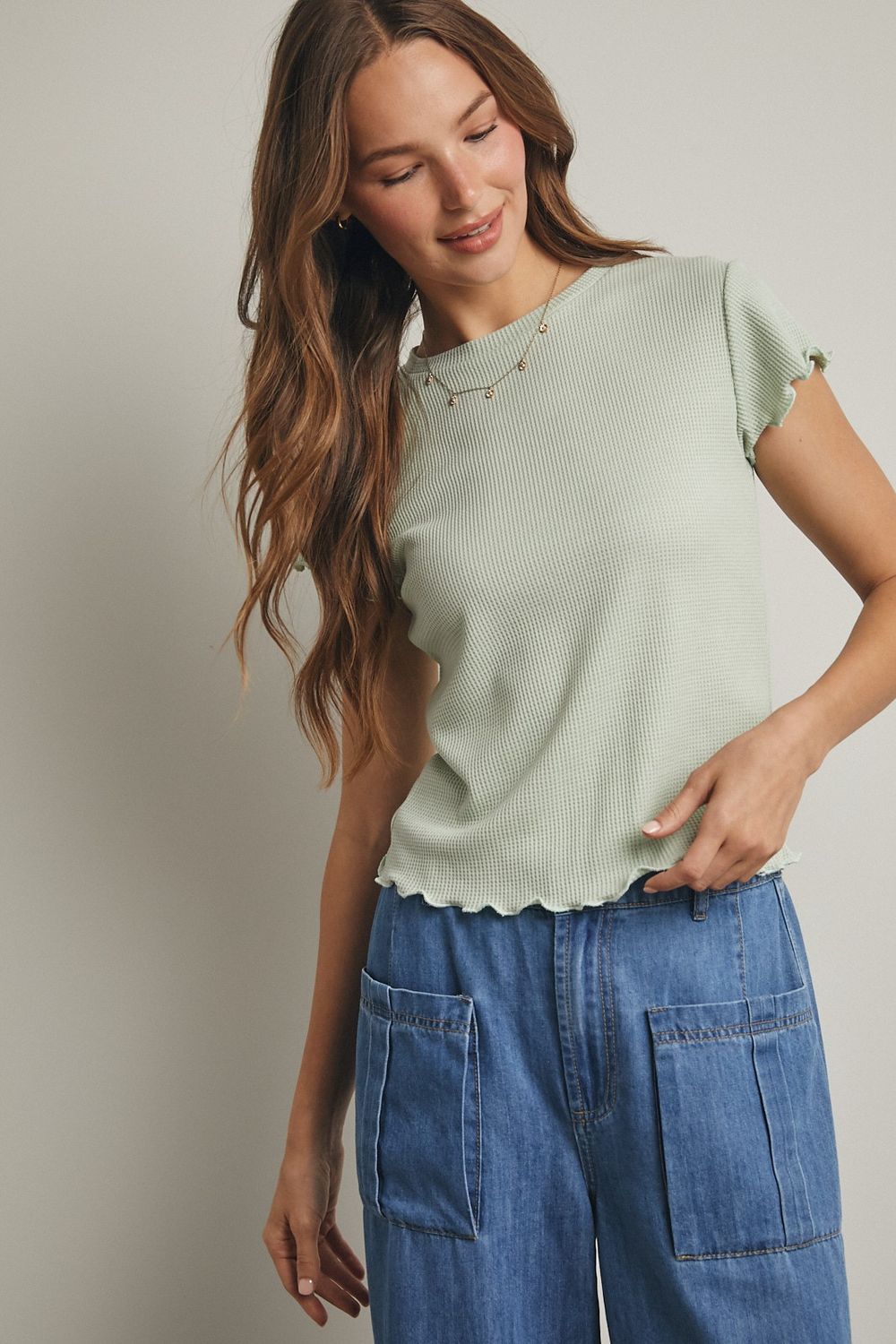 Win It Ruffle Hem Waffle Knit Top - Sage