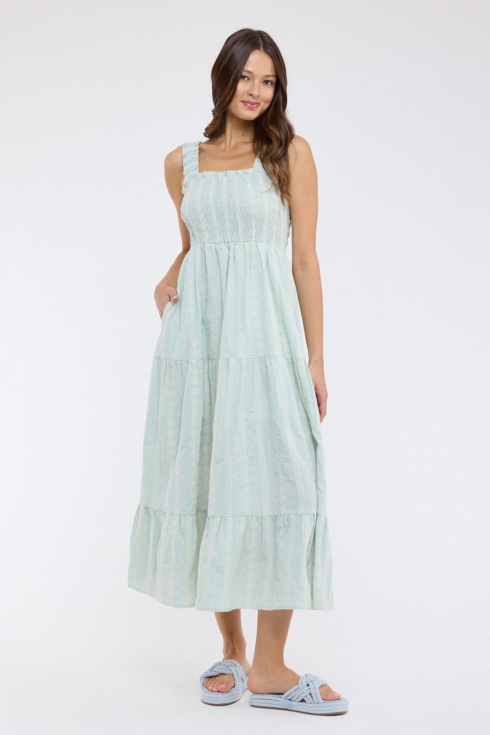 Going The Mile Smocked Maxi Dress - Sage/ White
