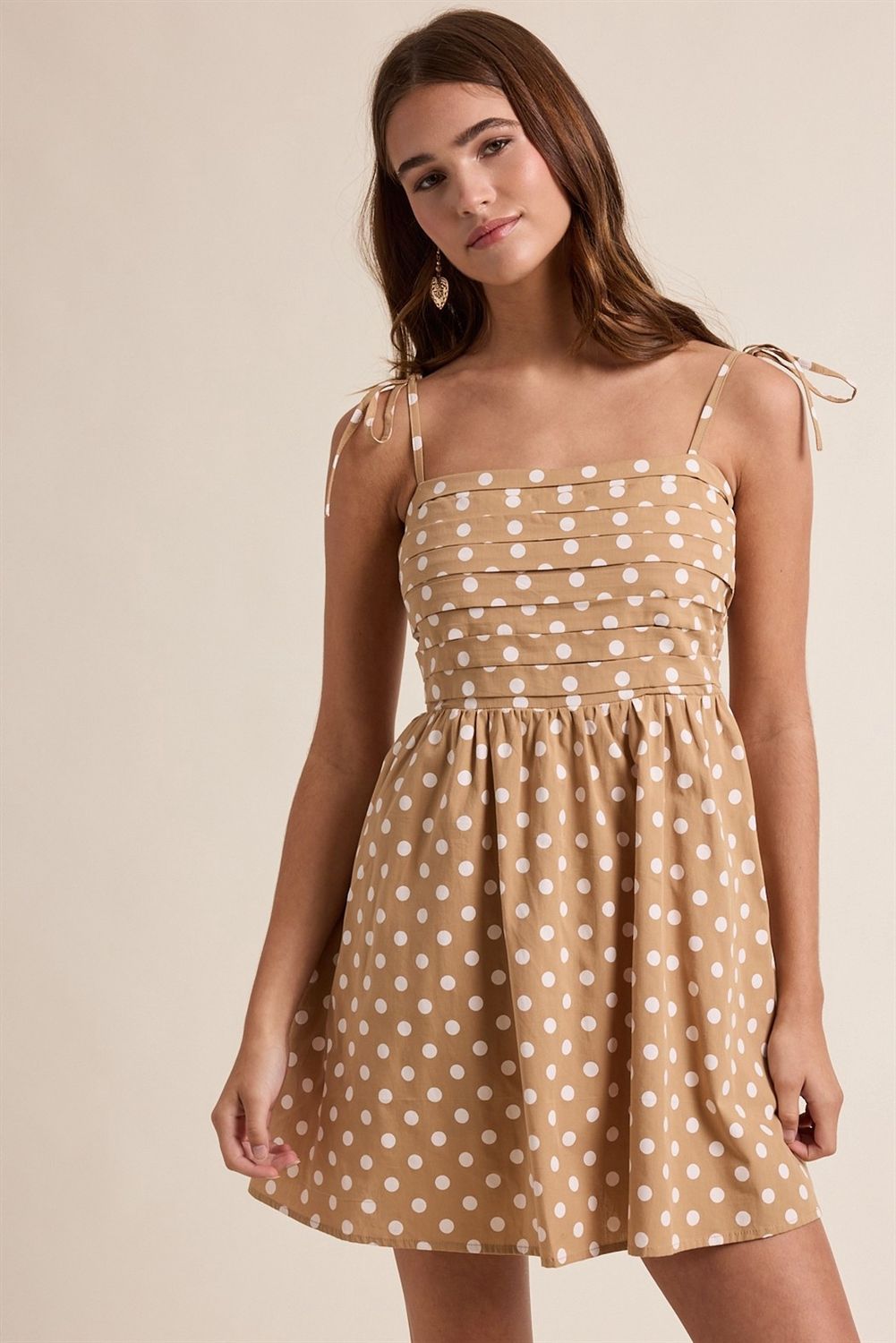 Just Pleased Polka Dot Mini Dress - Mocha/ White