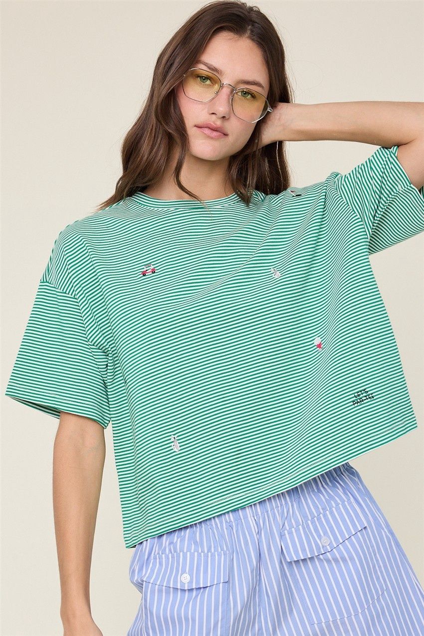 Golf Striped Short Sleeve Top - Green/ White