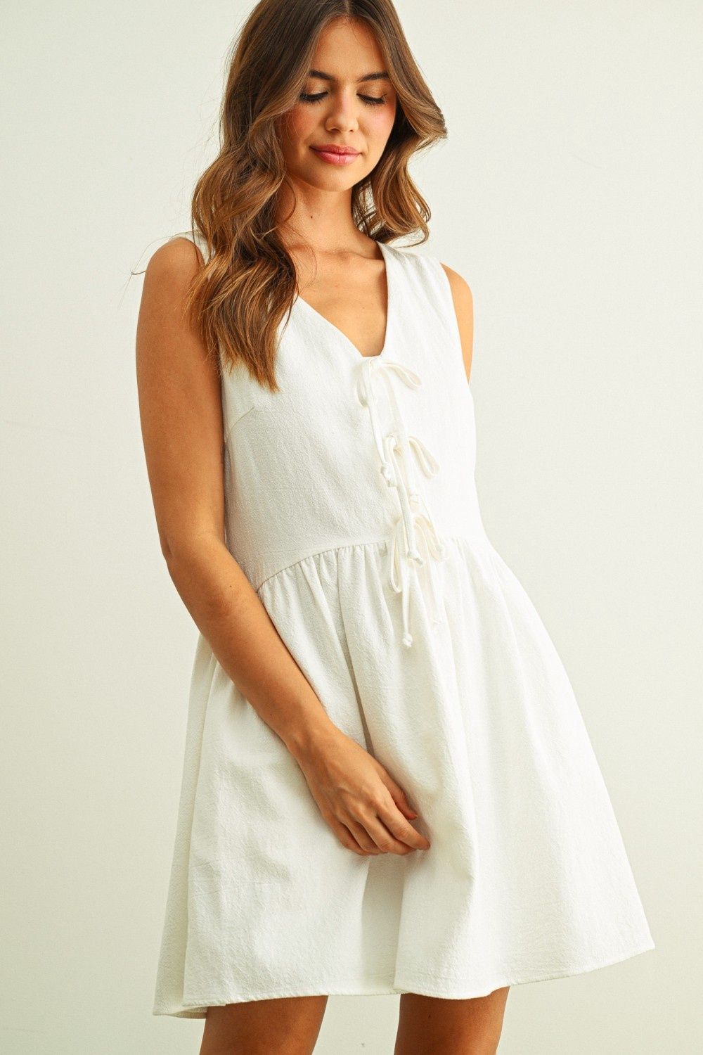 Tie Front Sleeveless Mini Dress - White