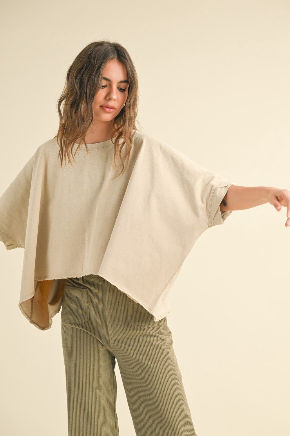 Dye And Wash Oversized Short Sleeve Top - Beige