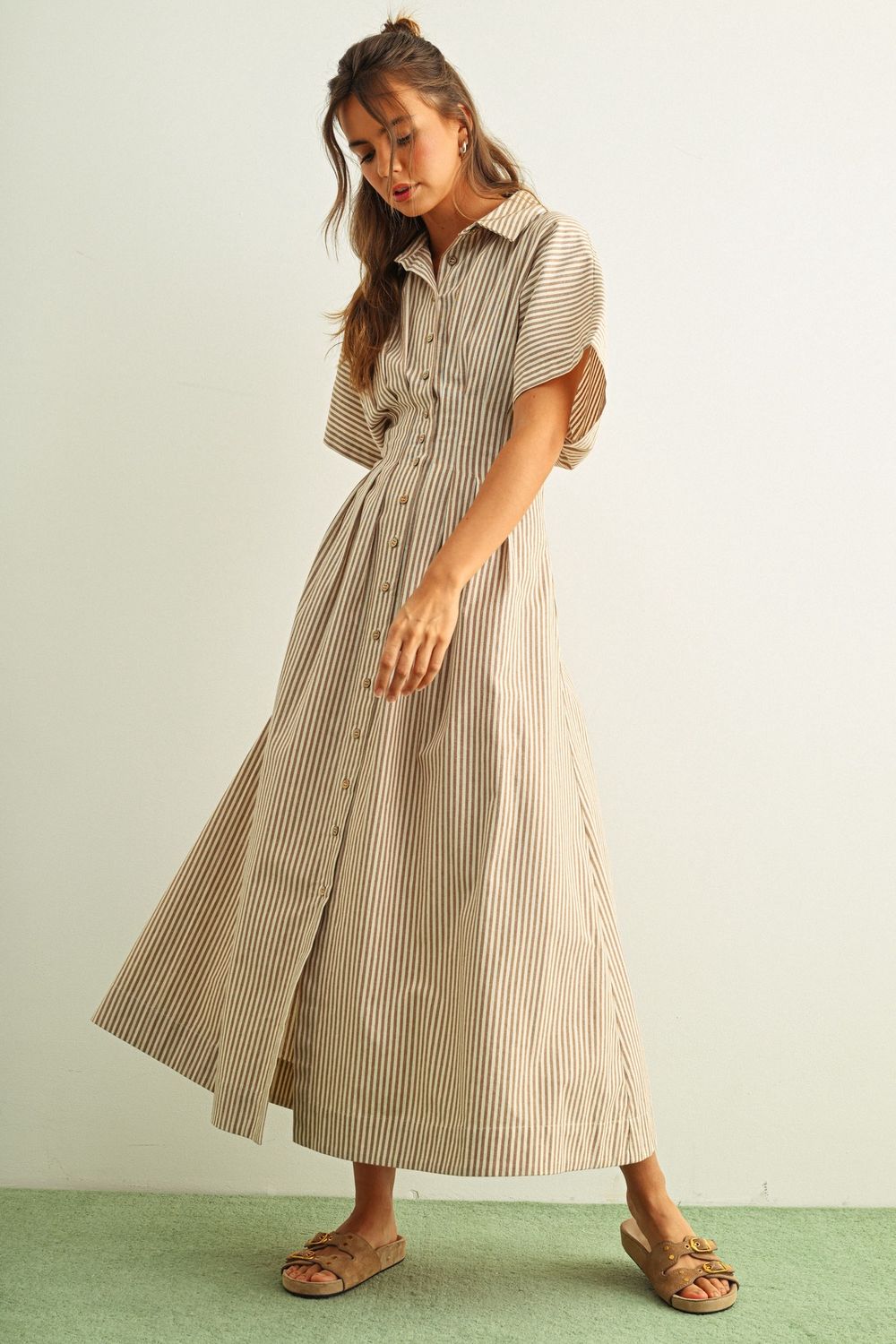 Striped Buttondown Midi Shirt Dress - Brown Stripe
