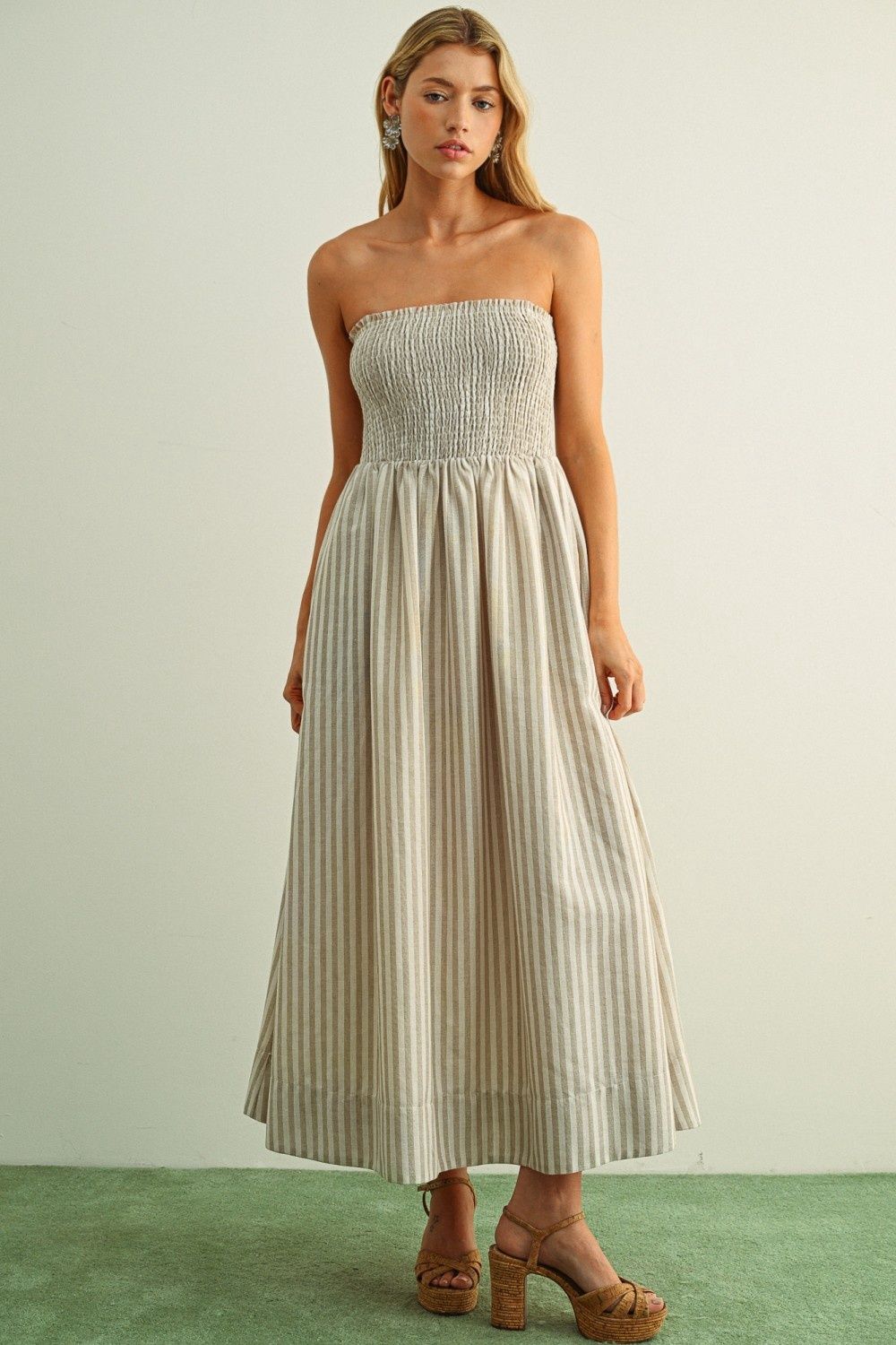 Striped W/ Smocking Detail Midi Dress - Tan