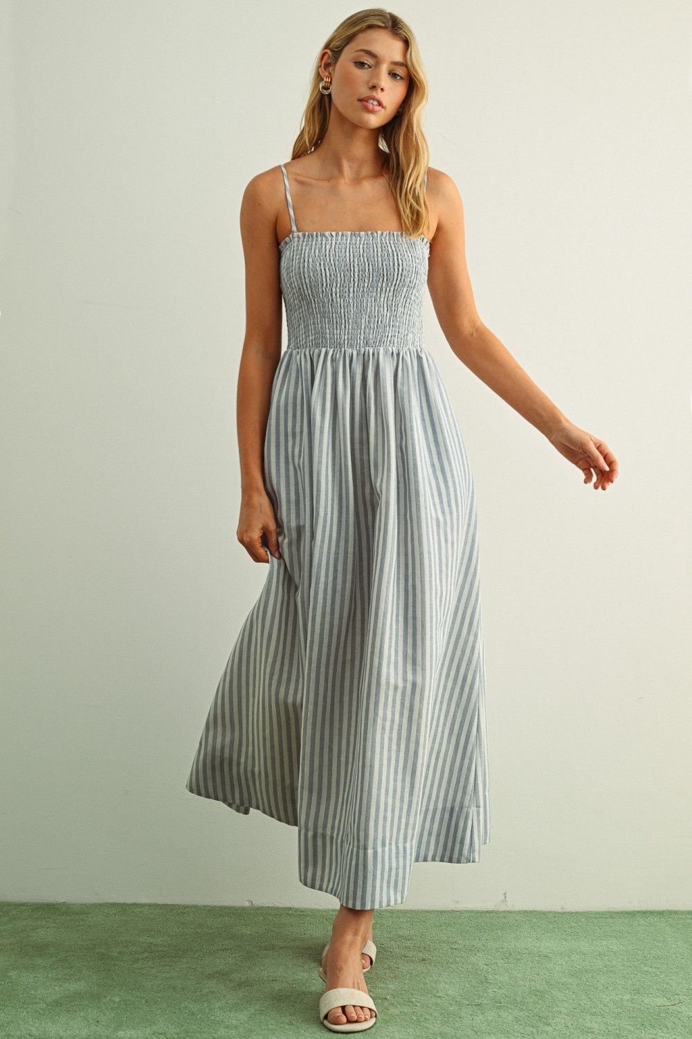 Striped W/ Smocking Detail Midi Dress - Blue
