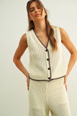 Button Front Crochet Knit Vest - Beige/ Brown