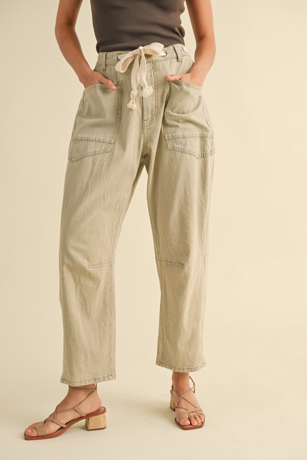Two Tone Cotton Pants With Belt - Light Blue/Cream