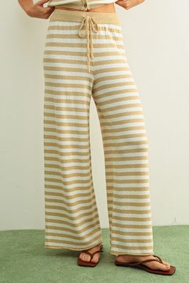 Gingham Elastic Waist Pants - Beige/White