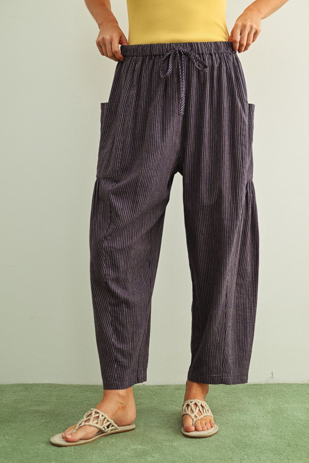 Pinstripe Loose Pants W/ Pockets - Navy/Stone