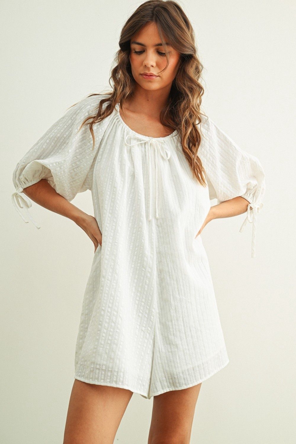 Striped Bow Detail Loose Fit Romper - White