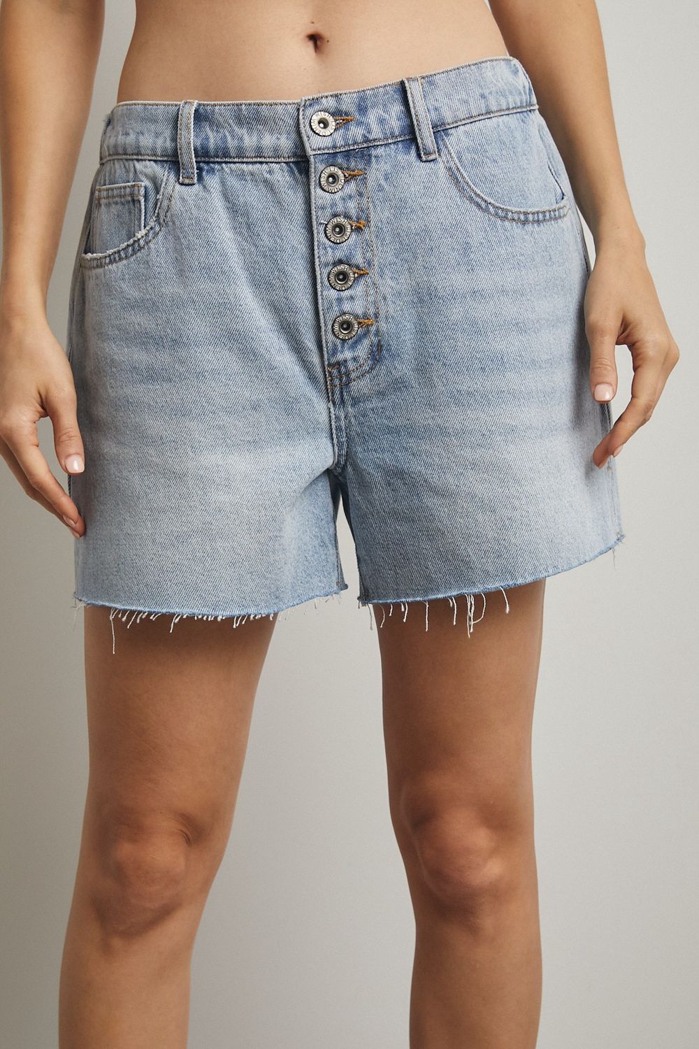 Button Front Denim Shorts - Denim