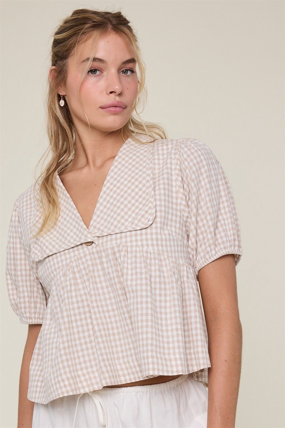 Tell The Truth Collared Puff Sleeve Top - Taupe/White
