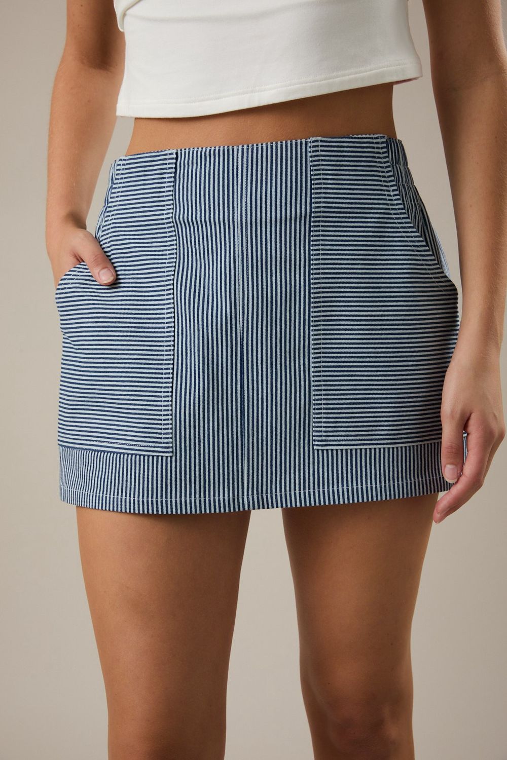Low Waist Pocket Detail Mini Skirt - White/Denim Stripe