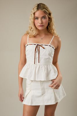 Scalloped Detail Square Neck Top - White/Brown