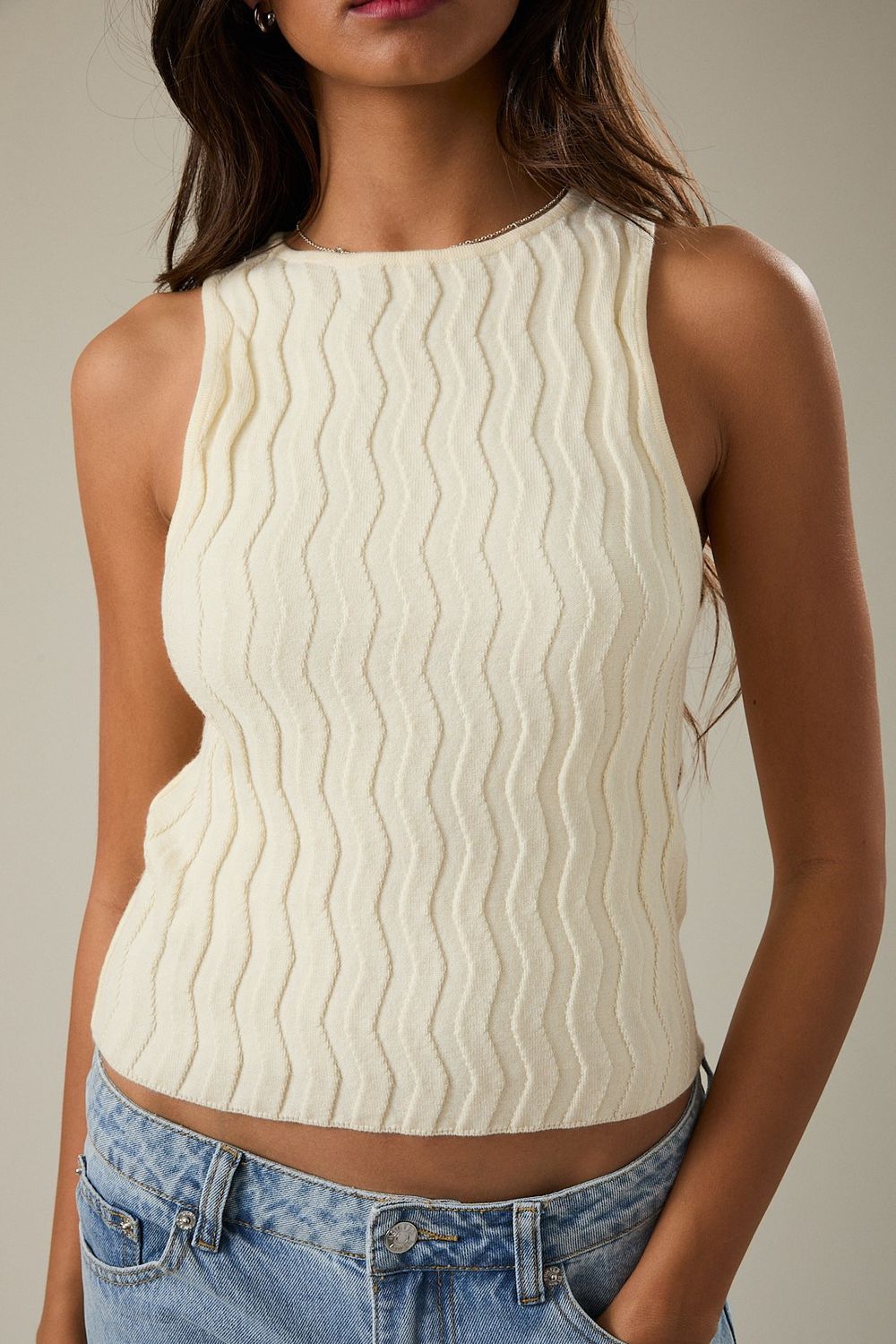 Boat Neck Sleeveless Sweater Top - Ivory