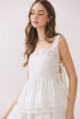 Holding Hands Lace Detail Side Tie Sleeveless Top - White