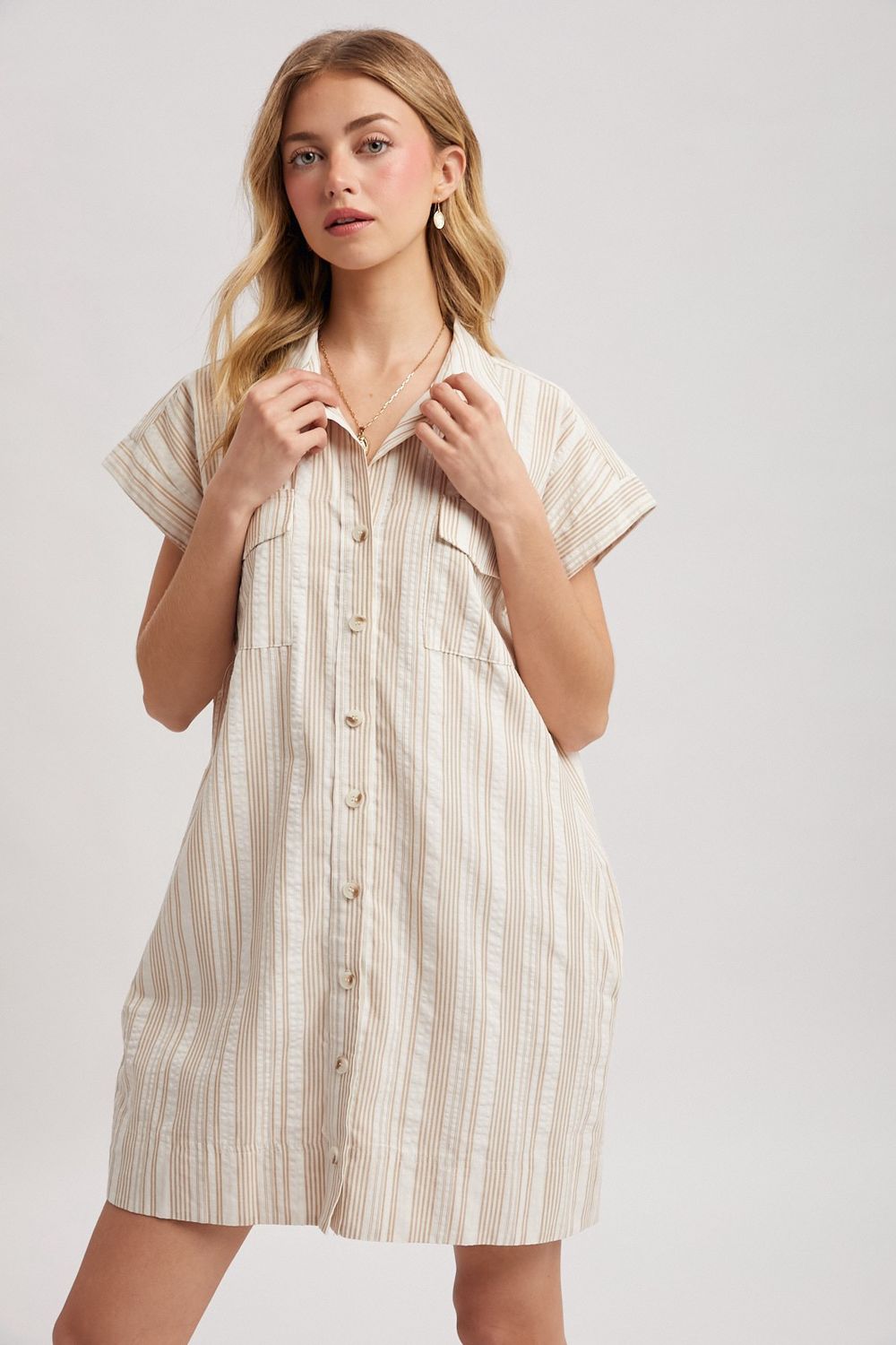 On Vacation Striped Button Mini Dress - Taupe/White