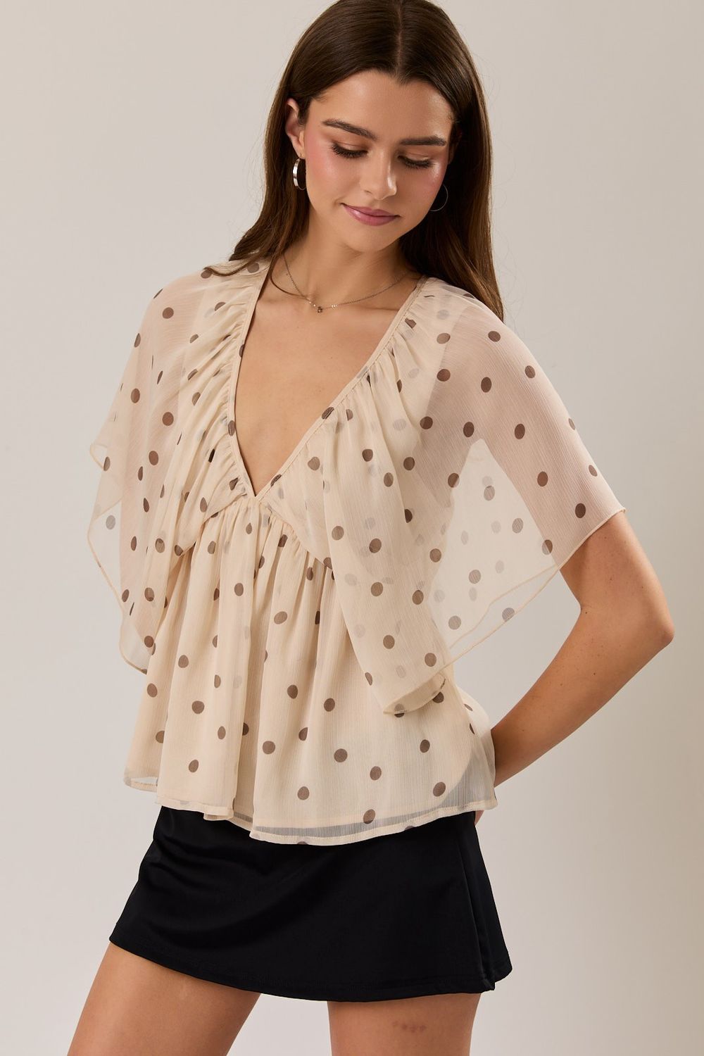 Shirred Back Open Ruffle Detail Top - Cream/ Brown Dot