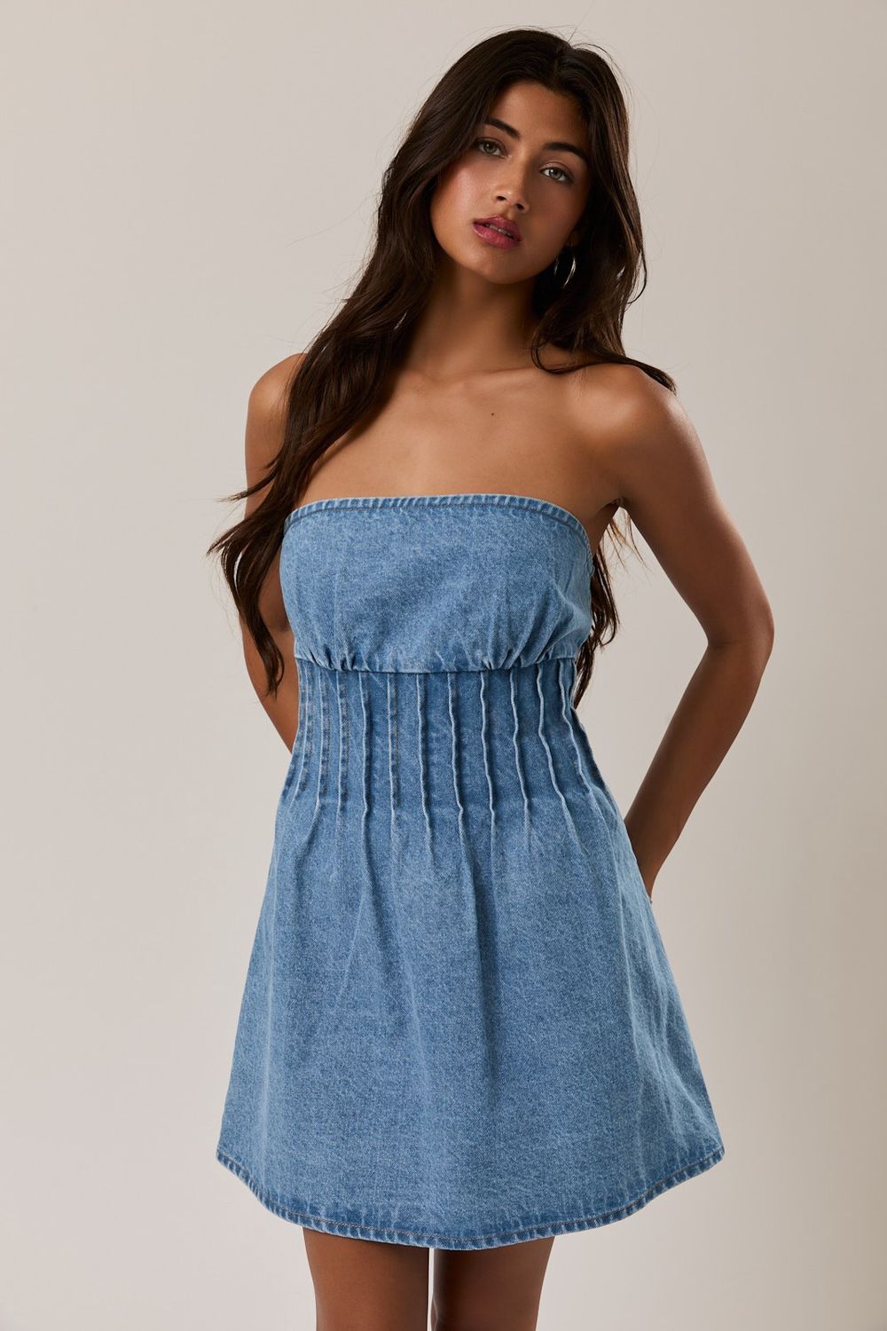 Pintuck Detail Strapless Denim Mini Dress - Light Denim